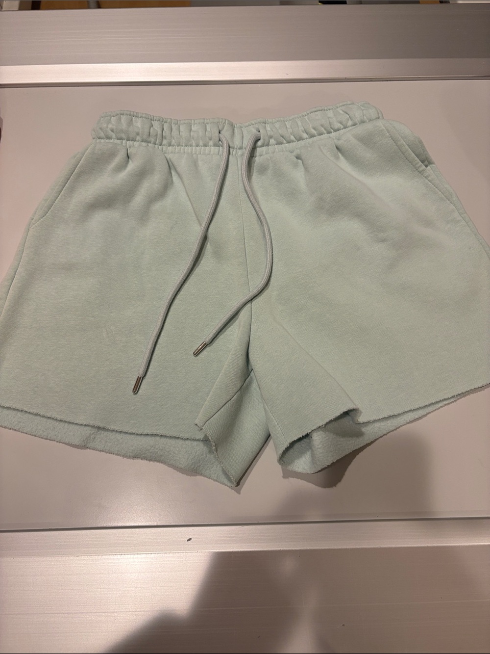 Forever 21 Drawstring Raw Hem Fleece Sweatshorts light green mint Medium